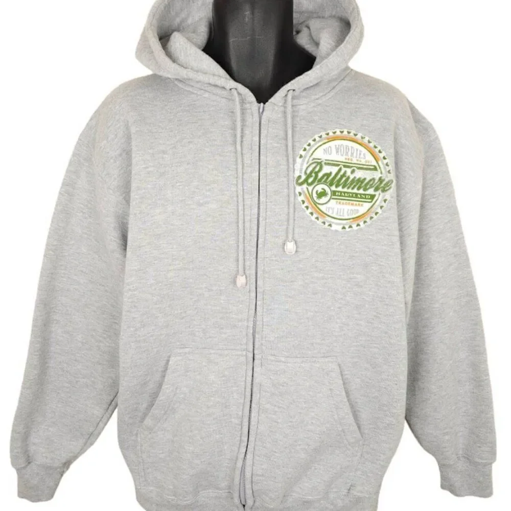 Vintage Baltimore Maryland Sweatshirt Hoodie Mens Size Large Gray Full Zip Up